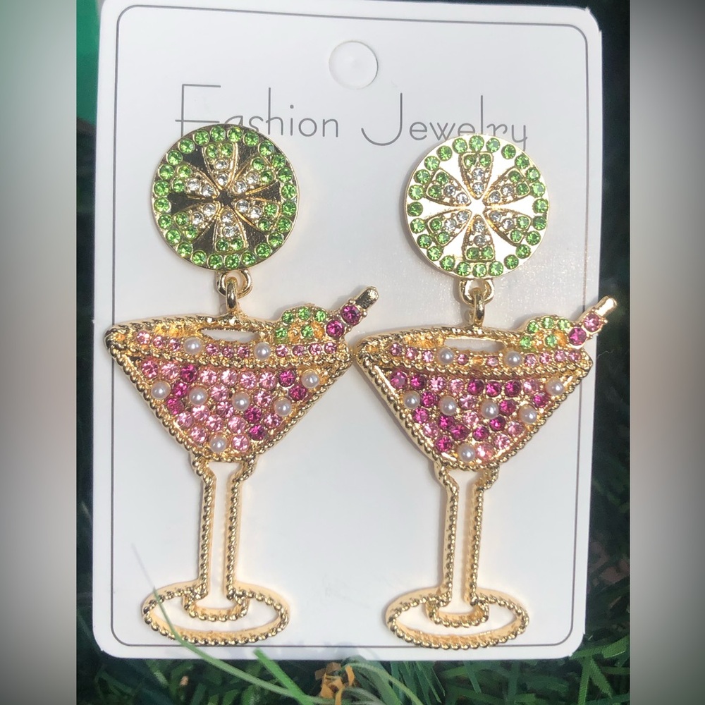 Pink Martini Cocktail Earrings Crystal Dangle Rhinestone Pearl Earrings NEW